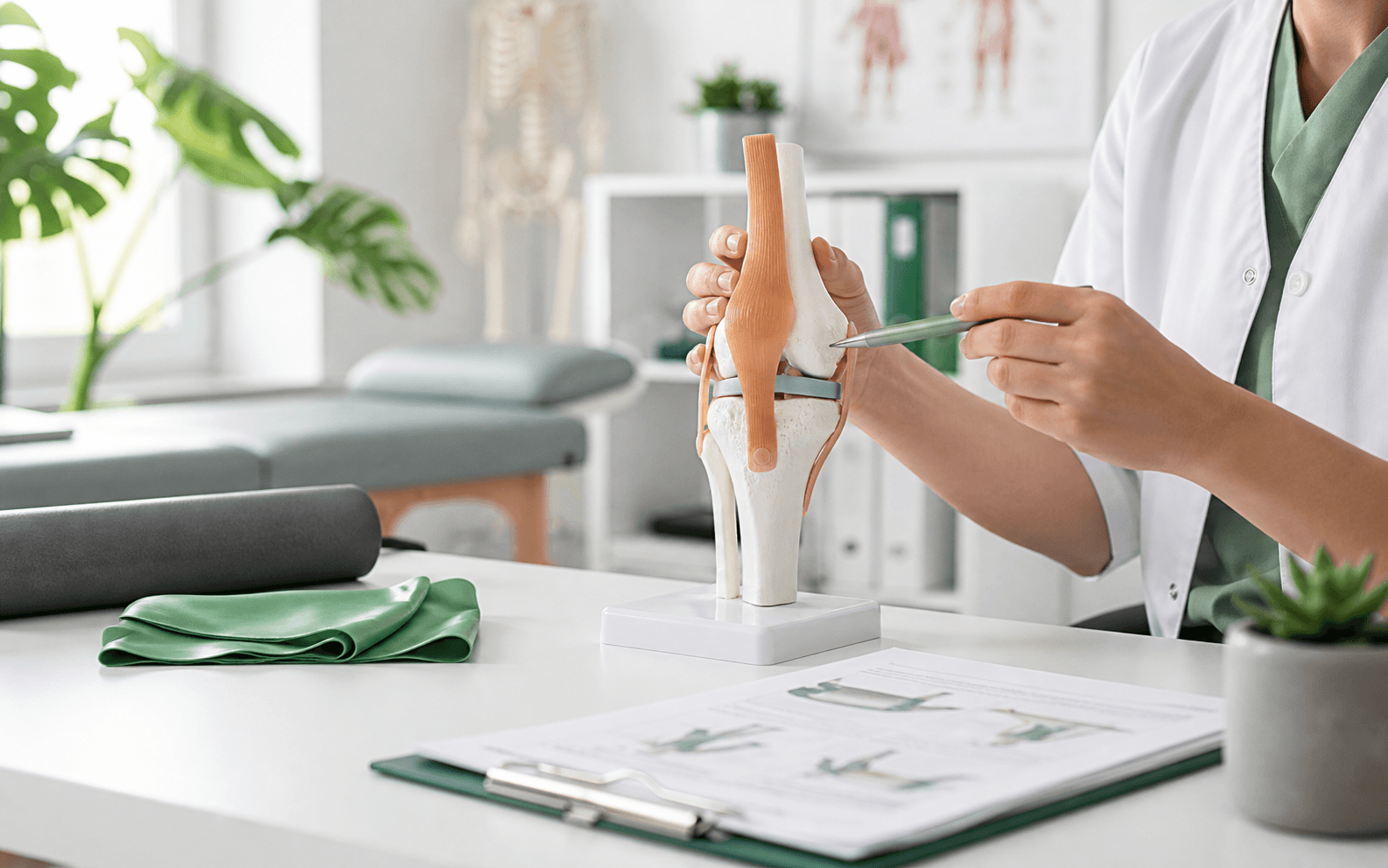 Ortopedik model ve egzersiz bandı ile ameliyat dışı bakım konusunu anlatan anonim klinik sahne